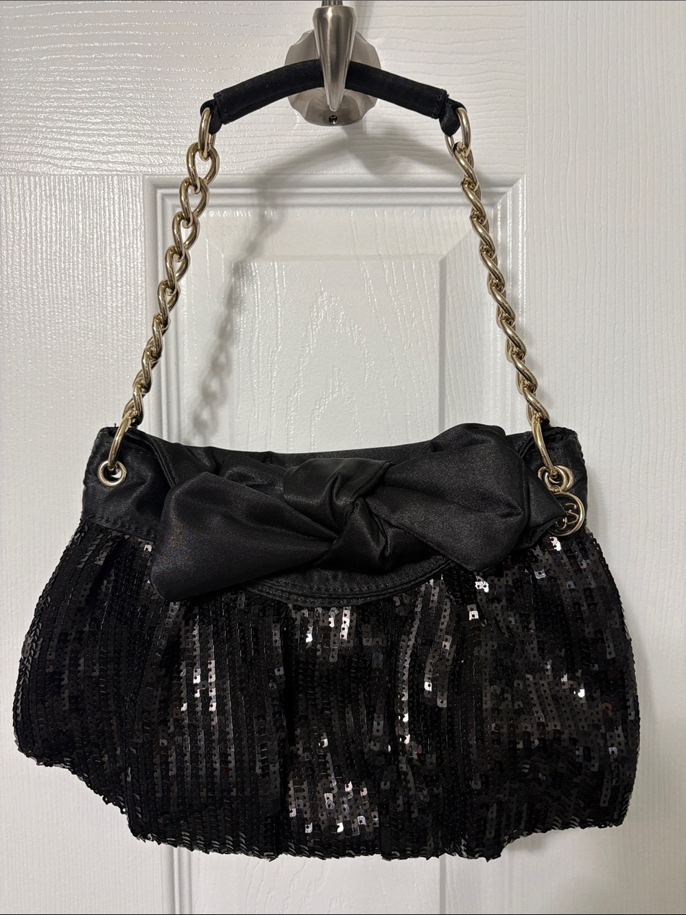 Jessica Simpson Black Sequin Evening Bag, Satin Bow with Gold Chain